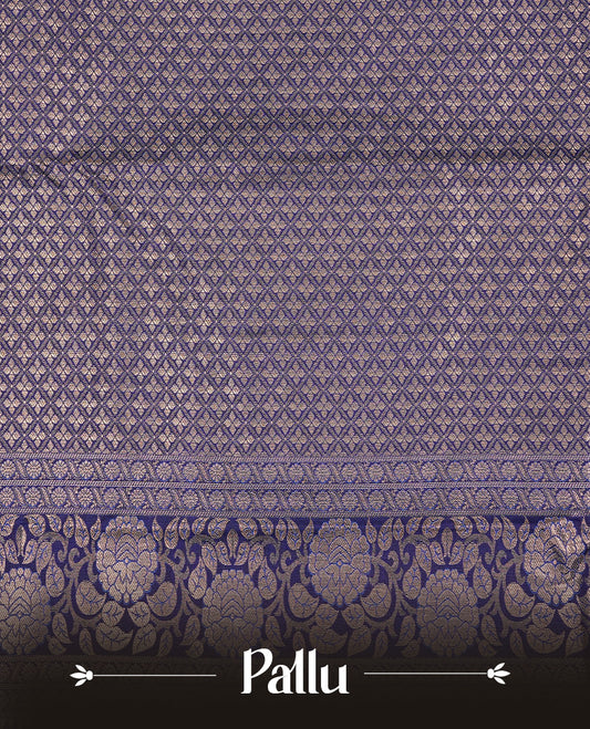 Navy Blue Semi Wedding Silk Saree featuring Gold Zari stripes Motifs On body, Complemented with traditional zari with Self colour border, paired with matching blouse piece.