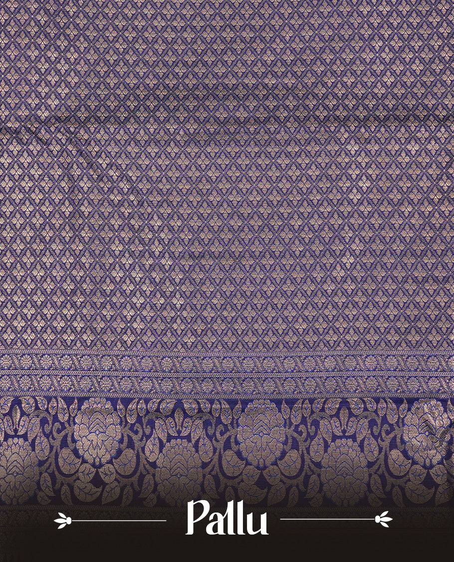 Navy Blue Semi Wedding Silk Saree featuring Gold Zari stripes Motifs On body, Complemented with traditional zari with Self colour border, paired with matching blouse piece.