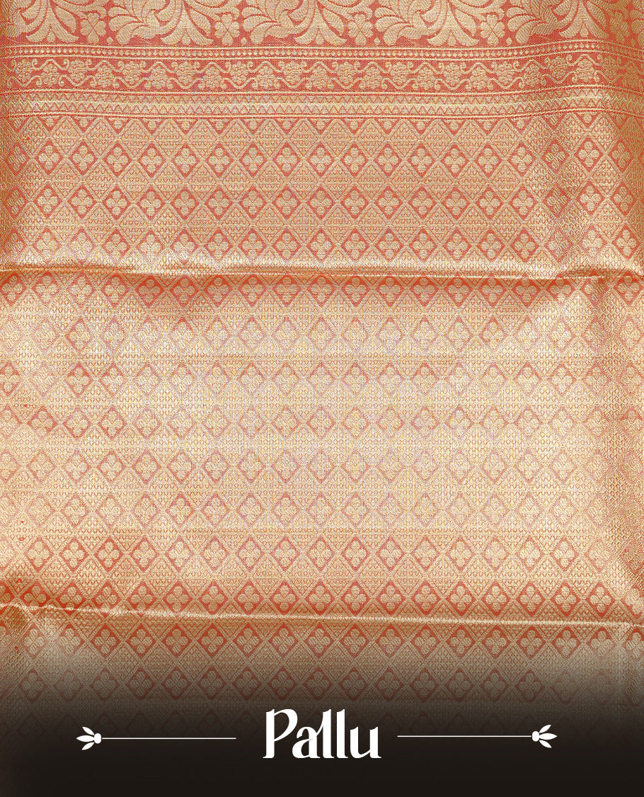 Gold colour Semi Tissue silk saree featuring silver zari pattern on body, complemented by traditional border with contrast Red colour, paired with matching blouse piece.
