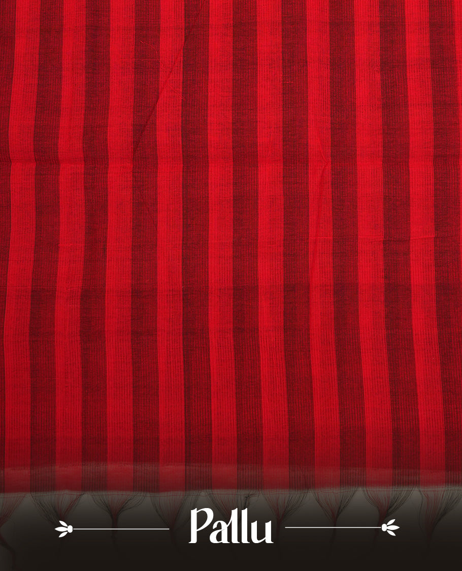 Red and black Colour checked Mangalagiri cotton saree Featuring Self Coloured Border ,With Striped  pallu, Paired With A matching blouse piece.