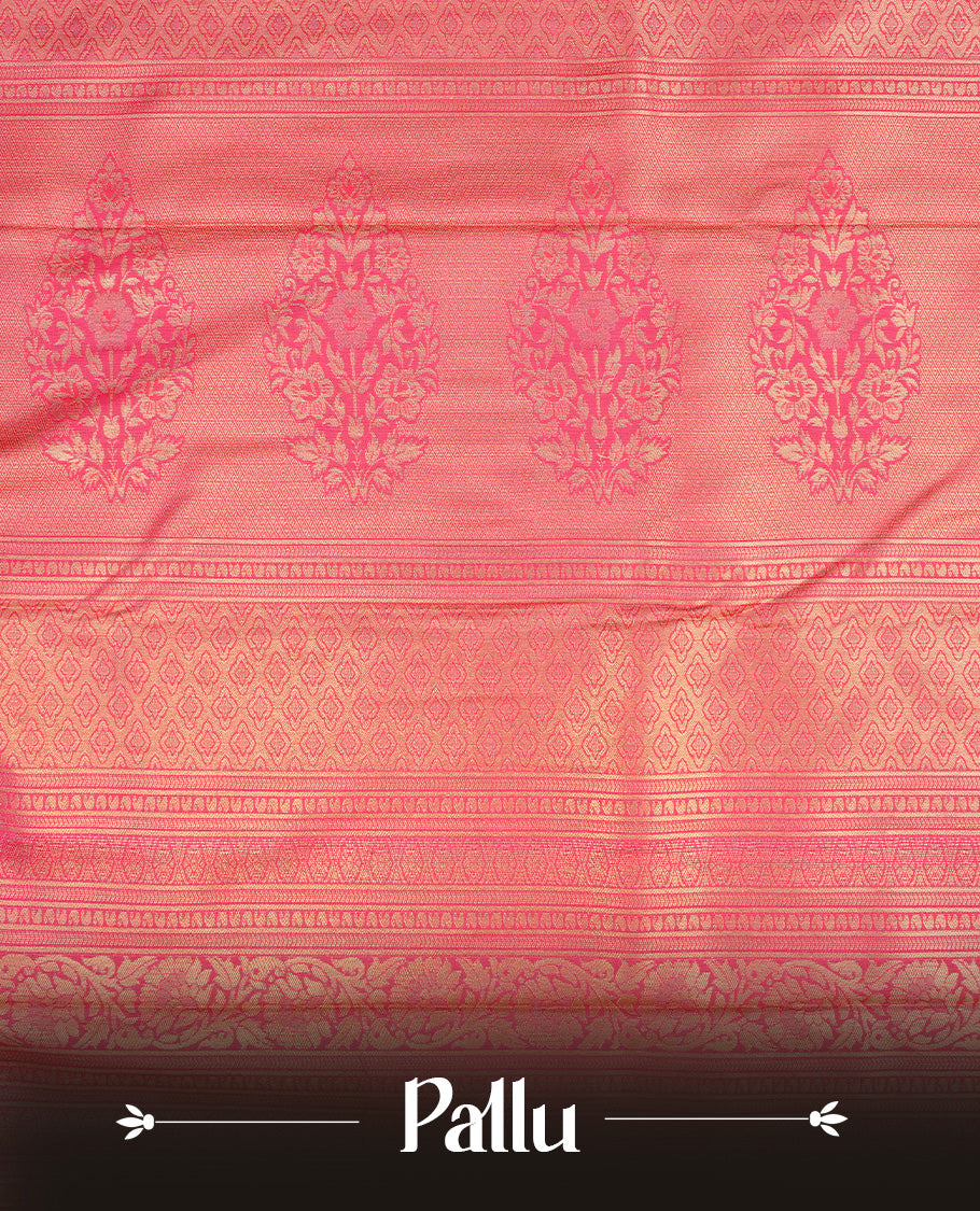 Black colour semi wedding saree featuring gold zari floral kode pattern on body, complemented by contrast magenta with traditional border, paired with matching blouse piece.
