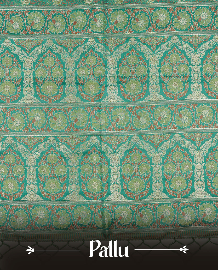 Green colour Mulberry silk saree featuring gold zari elephant & floral kodi pattern across body, complemented by self colour border with gold zari work, comes with matching blouse piece.