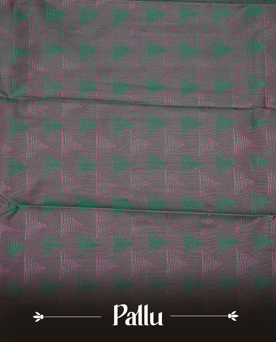 Mauve colour Semi silk saree Featuring Selfcolour zari Pattern on body, complemented by Contrast Teal colour with gold zari border, paired with matching blouse piece.