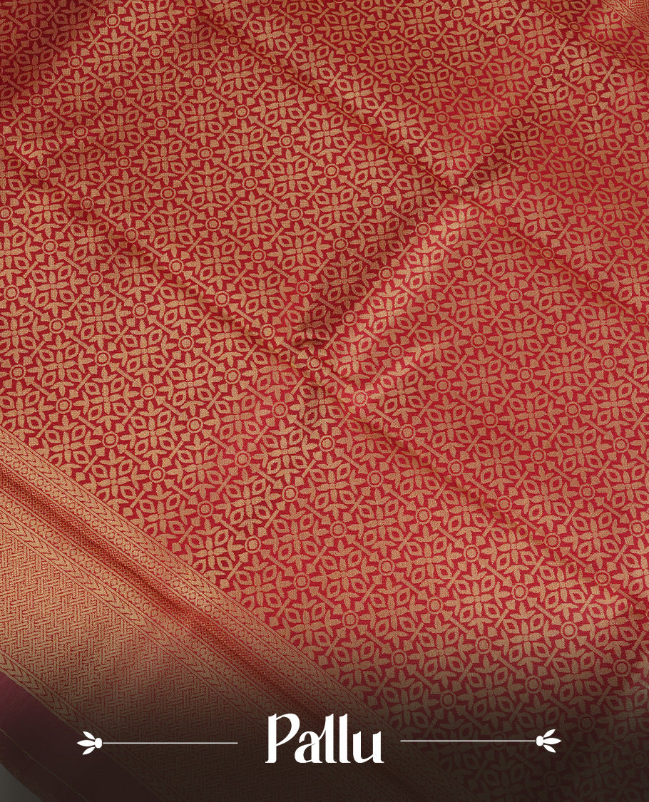 Cream Colour Semi Soft Silk Saree Featuring Gold zari Box With motifs Pattern On Body, Highlighted  by contrast Maroon border with Gold zari, paired with matching blouse piece.