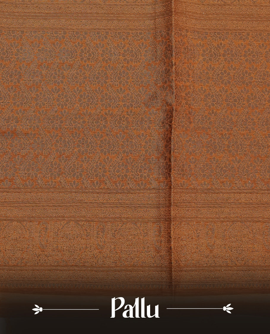 Dark brown colour semi linen saree with elegant gold zari leaf motifs across the body, complemented by a contrast mustard  colour with grand gold zari pallu and a borderless design, paired with a matching blouse piece.