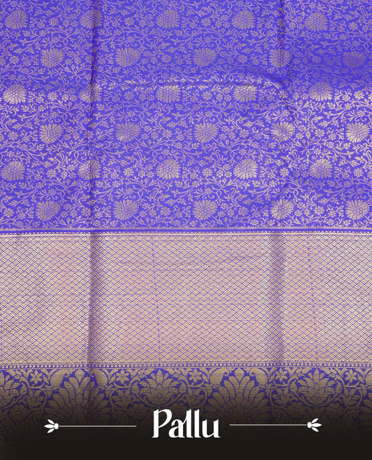 Indigo Colour Wedding Silk Saree Featuring Gold zari Floral kodi pattern on body, complemented by traditional Zari pattern on self colour border, paired with matching blouse piece.