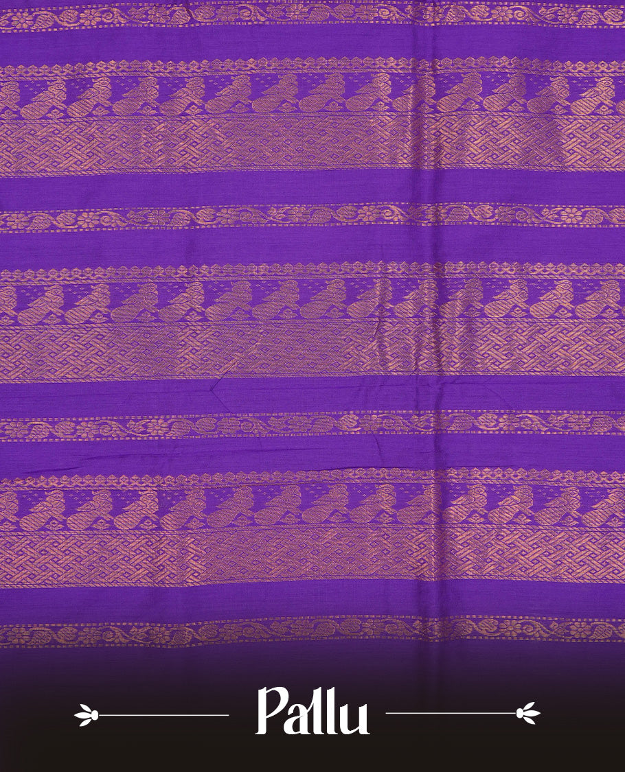 Maroon colour Kalyani cotton saree featuring Gold zari check pattern on body, complemented by Contrast Violet colour with grand gold zari border & pallu, matching blouse piece