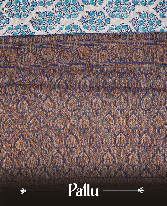 Beige Colour Chanderi silk saree featuring Block print on body, complemented by Contrast Dark Blue colour with Antique zari border, paired with matching blouse piece.