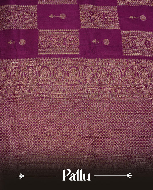 Purple colour Tussar Banaras Georgette silk saree featuring Antique zari Box Pattern on body, complemented by self colour border with zari border, paired with matching blouse piece.