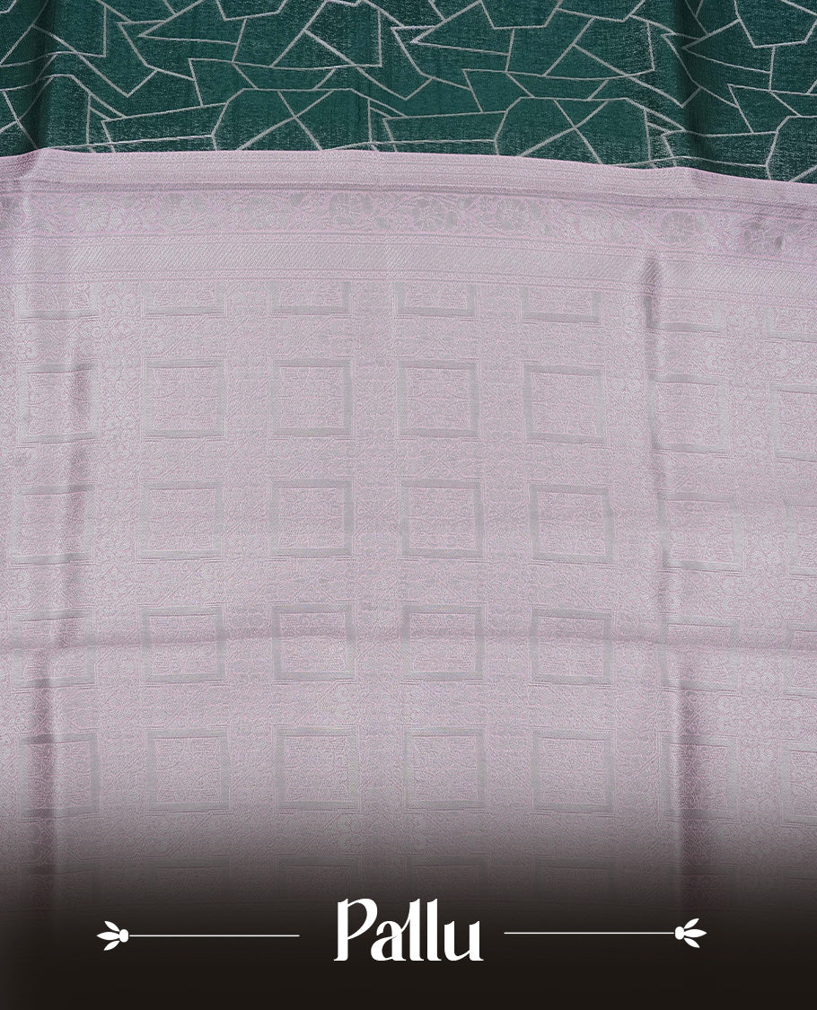 Green colour semi silk saree featuring Silver zari Geometric pattern on body, complemented by contrast pink colour with silver zari border, comes with matching blouse piece.