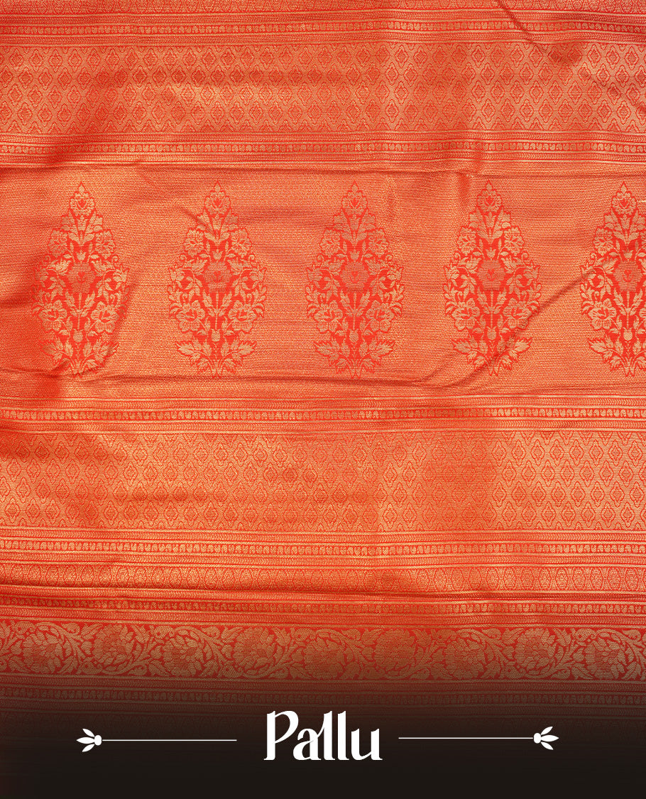 Light gold colour semi wedding saree featuring gold zari check with motifs on body, contrast red colour with traditional border, paired with matching blouse piece.