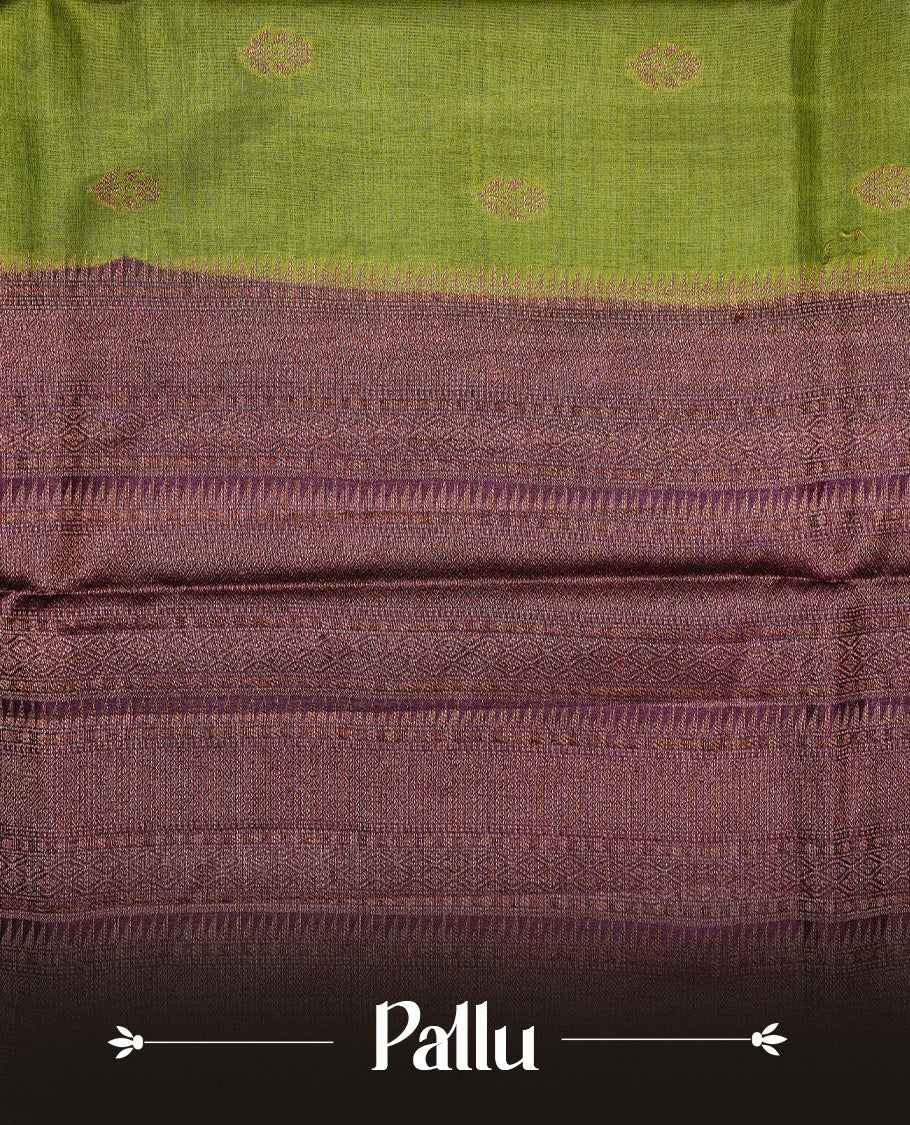 Olive Green colour Pure Banaras Tussar silk saree Featuring Gold zari buttas on body, complemented by Contrast Dark Brown colour with zari border, paired with matching blouse piece.