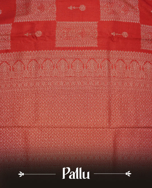 Red colour Tussar Banaras Georgette silk saree featuring Antique zari Box Pattern on body, complemented by self colour border with zari border, paired with matching blouse piece.