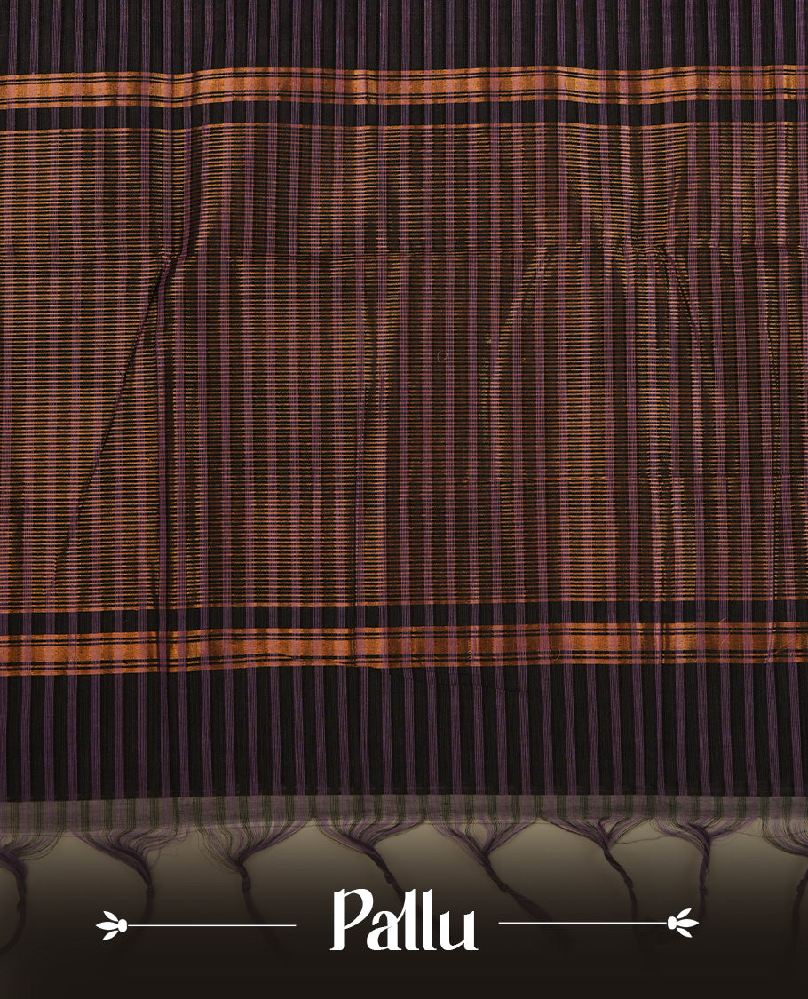 Violet  Colour Mangalagiri cotton saree featuring elegant Black stripes Across The Body , a Two Inch Gold  zari border & Gold Zari Pallu, Paired With a matching blouse piece.
