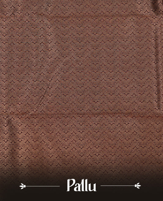 Olive Colour Traditional Kancheepuram Silk Saree Featuring Gold Zari Motifs on Body, Complemented By Self colour with Traditional zari & purple border, paired with matching blouse piece.