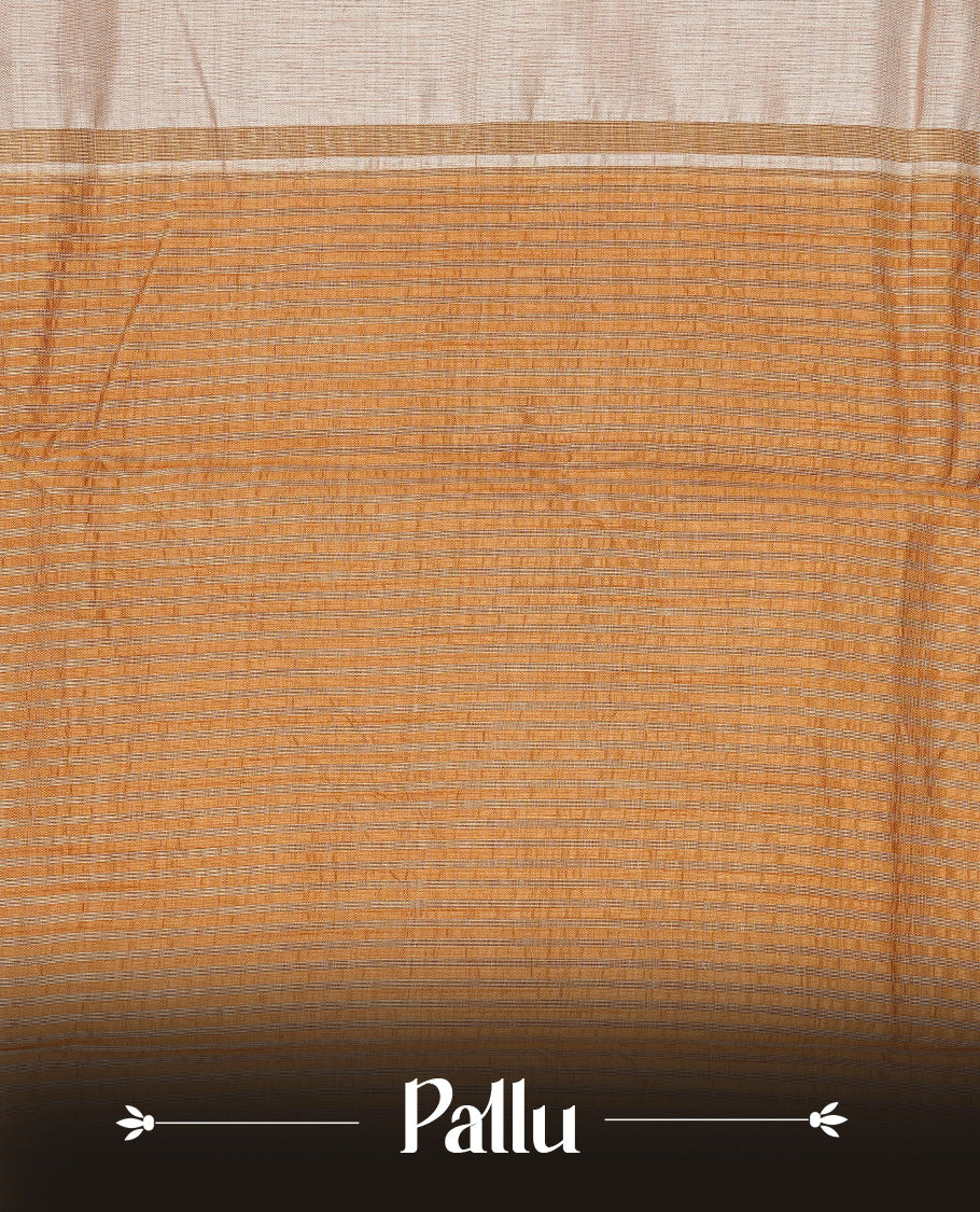 Light gold Colour Tussar saree featuring elegant plain body, complemented by contrast Mustard colour with zari work border, comes with matching blouse piece.
