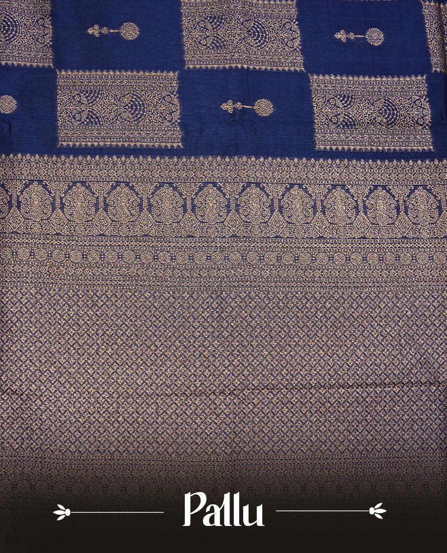 Navy Blue colour Tussar Banaras Georgette silk saree featuring Antique zari Box Pattern on body, complemented by self colour border with zari border, paired with matching blouse piece.