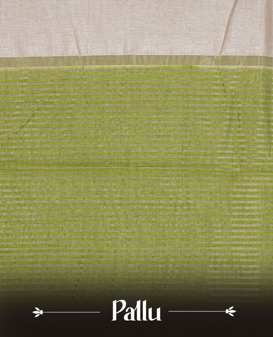Cream colour Tussar silk saree Featuring Elegant Plain body, complemented by Contrast Light green colour with gold zari border, paired with matching blouse piece.
