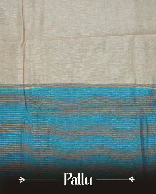 Cream colour Semi Tussar silk saree featuring an elegant plain body, accentuated by a contrast Blue border adorned with intricate gold floral kodi zari work, paired with a matching blouse piece.