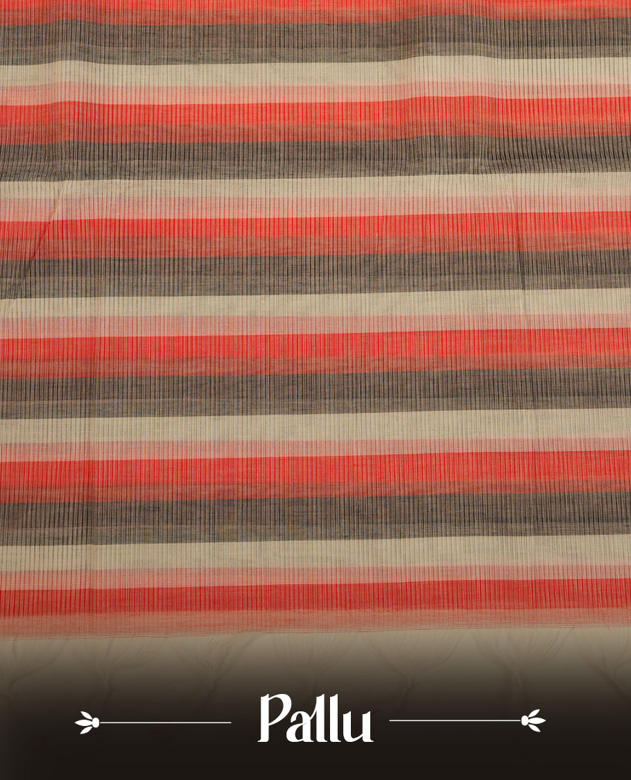 Black,White & Red Colour Mangalagiri Cotton Featuring Contrast stripes On Body, Complemented By Gold Zari border & Contrast Pallu ,Paired With Matching Blouse Piece.