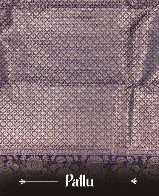 Navy Blue Semi Wedding Silk Saree featuring Gold Zari Check with Motifs On body, Complemented with traditional zari with Self colour border, paired with matching blouse piece.