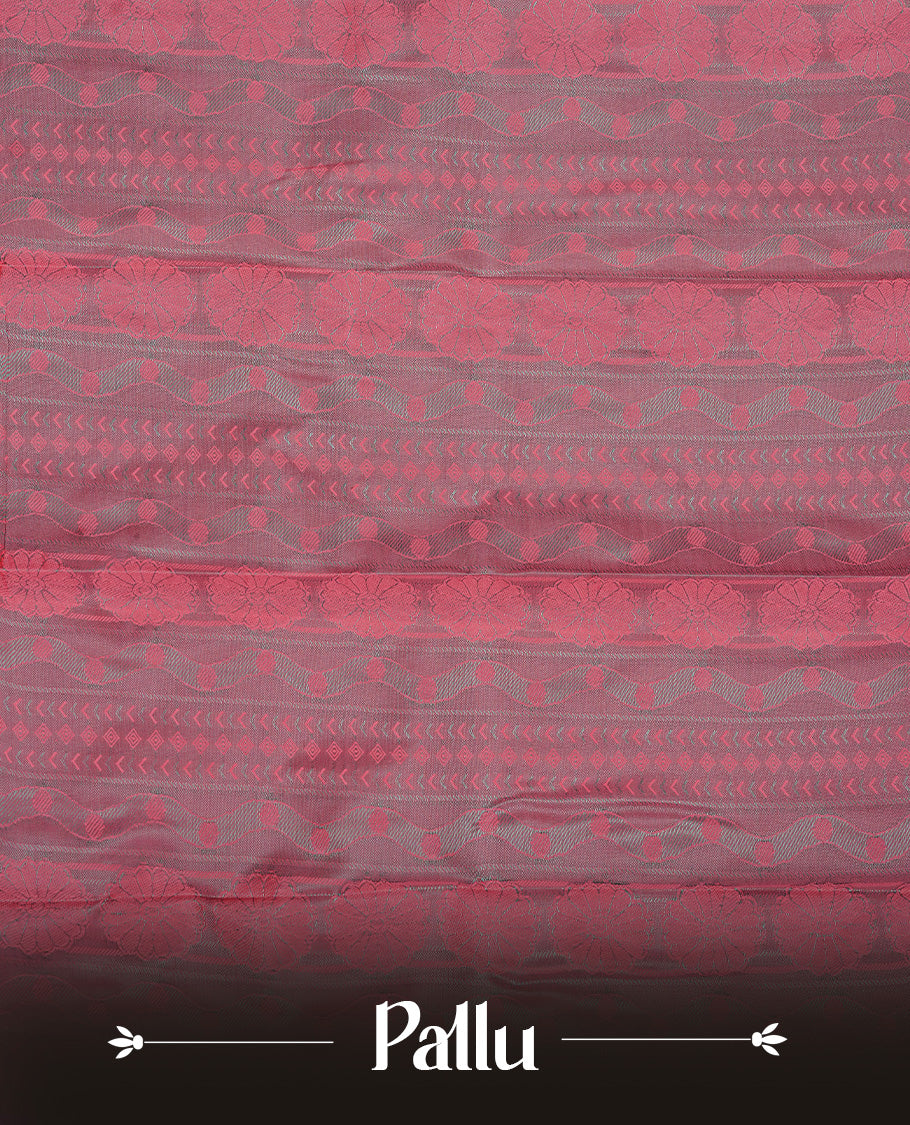 Green colour Semi silk saree Featuring Selfcolour zari Pattern on body, complemented by Contrast magenta colour with gold zari border, paired with matching blouse piece.