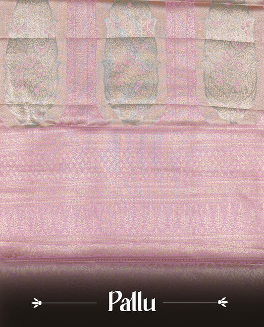 Golden green colour Tissue silk saree featuring Pink colour floral zari motifs on body, complemented by contrast Light Pink zari border, paired with matching blouse piece.