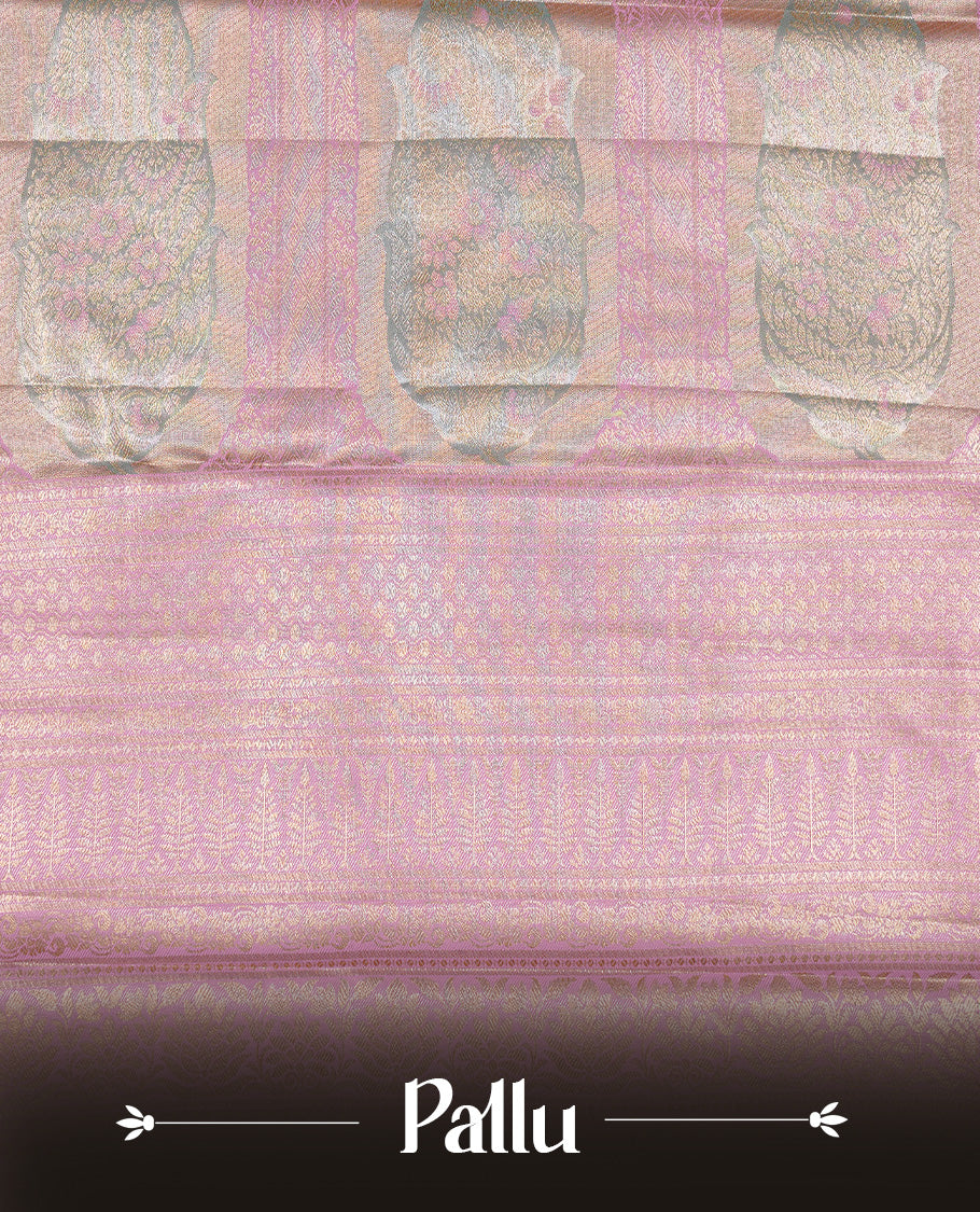 Golden green colour Tissue silk saree featuring Pink colour floral zari motifs on body, complemented by contrast Light Pink zari border, paired with matching blouse piece.