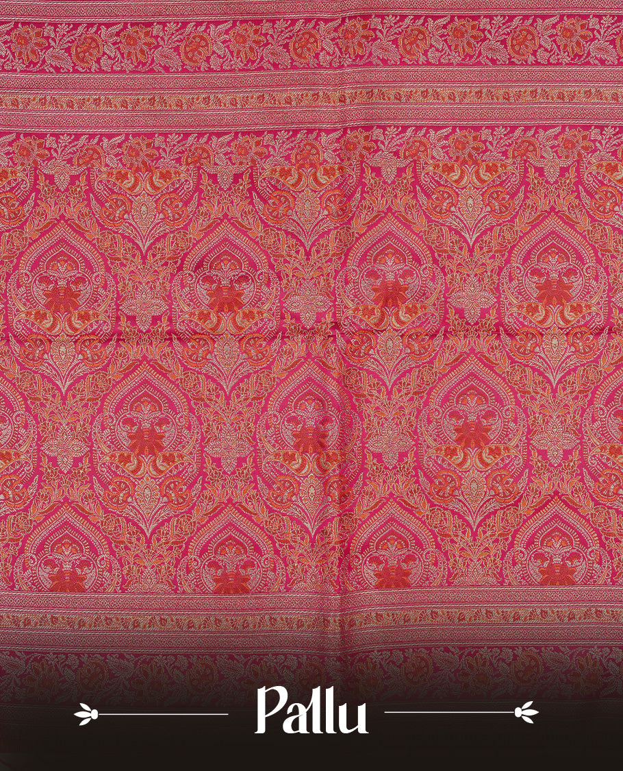 Rani pink colour Mulberry silk saree featuring gold zari Mango & floral kodi pattern across body, complemented by self colour border with gold zari work, comes with matching blouse piece.