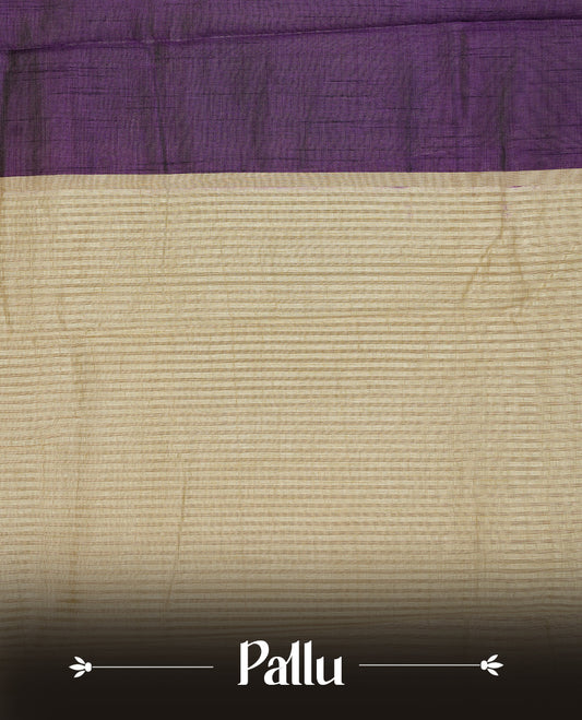 Deep Purple colour Semi Tussar silk saree featuring an elegant plain body, accentuated by a contrast cream border adorned with intricate gold zari work, paired with a matching blouse piece.