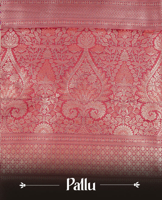 Red colour semi wedding silk saree featuring Gold zari Floral kodi pattern with Silver zari peacock motifs on body, complemented gold zari border, paired with matching blouse piece.