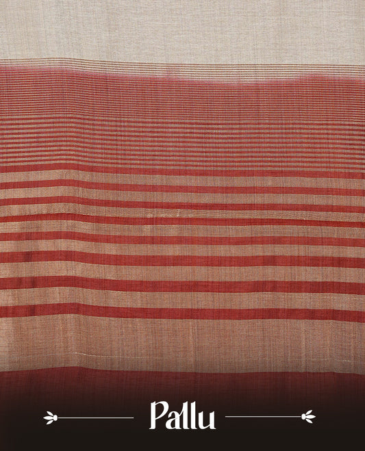 Light gold Colour Tussar saree featuring elegant plain body, complemented by contrast Maroon colour with zari work border, comes with matching blouse piece.