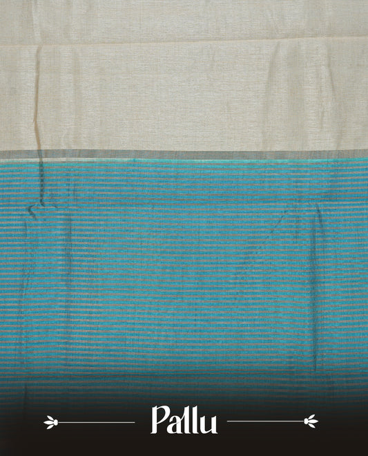 Cream colour Semi Tussar silk saree featuring an elegant plain body, accentuated by a contrast Blue border adorned with intricate gold Mango zari work, paired with a matching blouse piece.