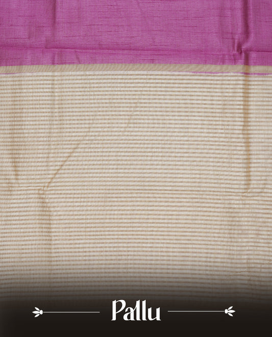 Pink colour Semi Tussar silk saree featuring an elegant plain body, accentuated by a contrast cream border adorned with intricate gold zari work, paired with a matching blouse piece.