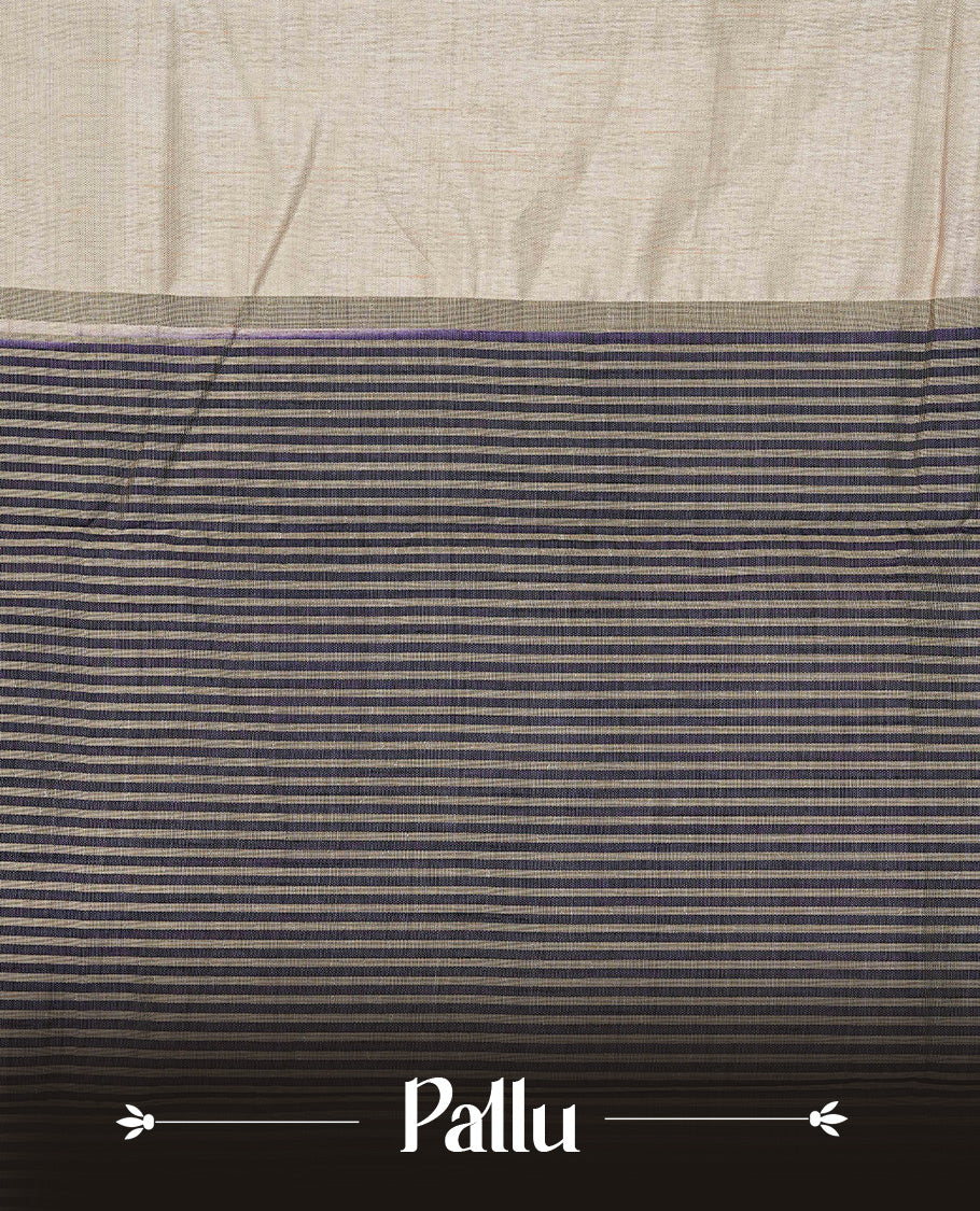 Cream colour Semi Tussar silk saree featuring an elegant plain body, accentuated by a contrast Navy blue border adorned with intricate gold zari work, paired with a matching blouse piece.