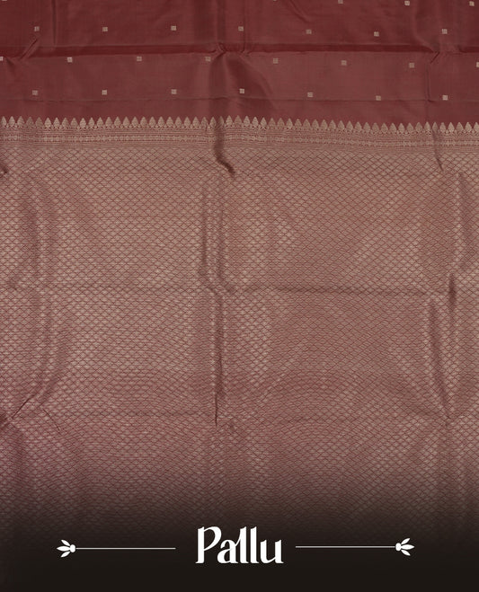 Dark maroon colour Vasundhara silk saree adorned with all-over tiny gold square motifs on the body, complemented by a self colour zari border and paired with a matching blouse piece.