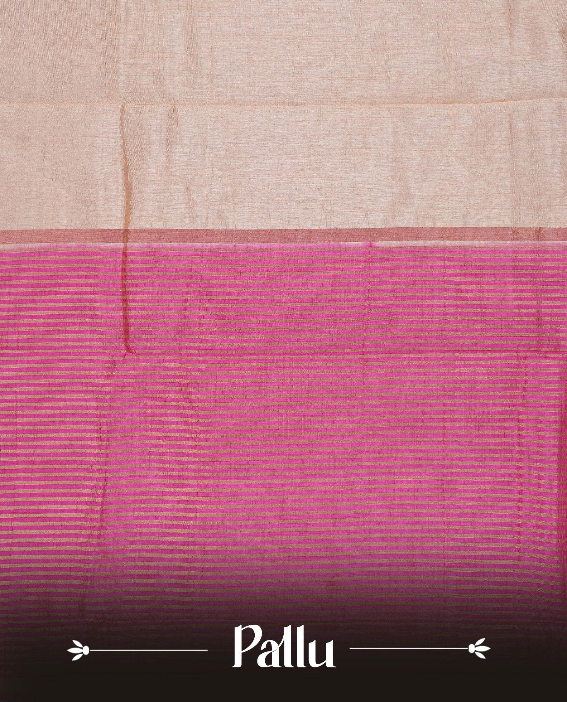 Cream colour Semi Tussar silk saree featuring an elegant plain body, accentuated by a contrast pink border adorned with intricate gold floral kodi zari work, paired with a matching blouse piece.