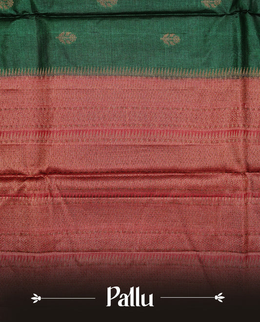 Green colour Pure Banaras Tussar silk saree Featuring Gold zari buttas on body, complemented by Contrast Red colour with zari border, paired with matching blouse piece.