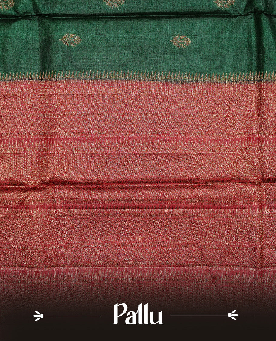 Green colour Pure Banaras Tussar silk saree Featuring Gold zari buttas on body, complemented by Contrast Red colour with zari border, paired with matching blouse piece.