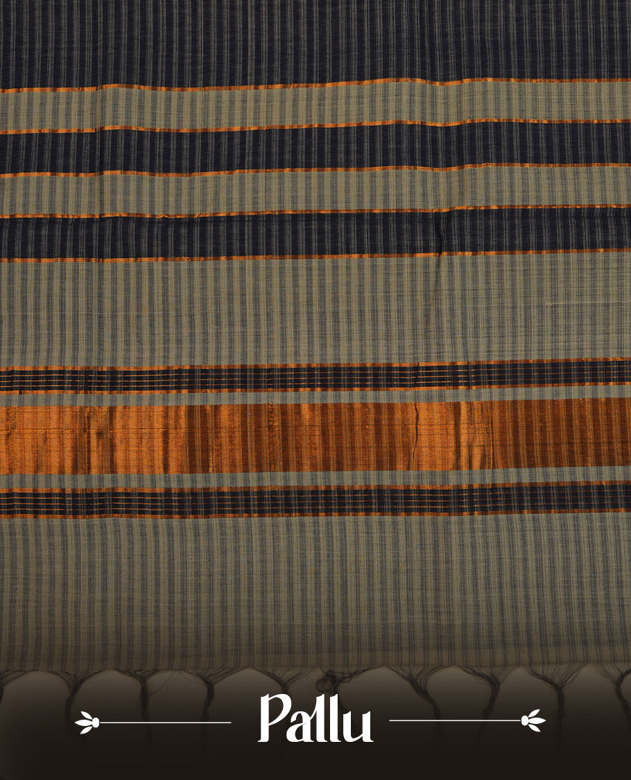Blue and Grey colour Mangalagiri cotton saree with a classic checked body, contrast striped Gold zari border & Pallu, Paired  with a matching blouse piece