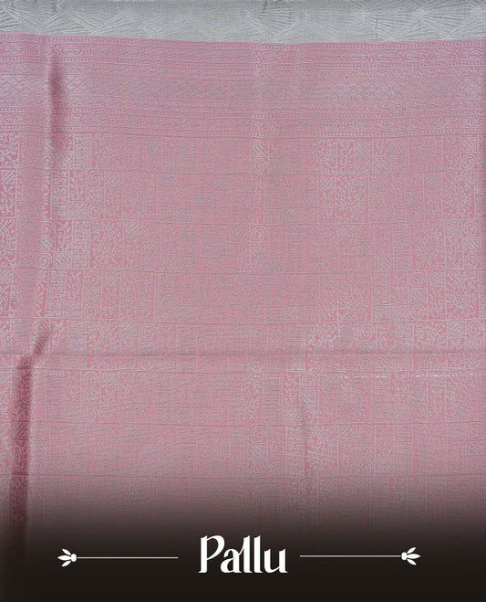 Grey colour semi silk saree featuring Silver zari Design pattern on body, complemented by contrast Pink colour with silver zari border, comes with matching blouse piece