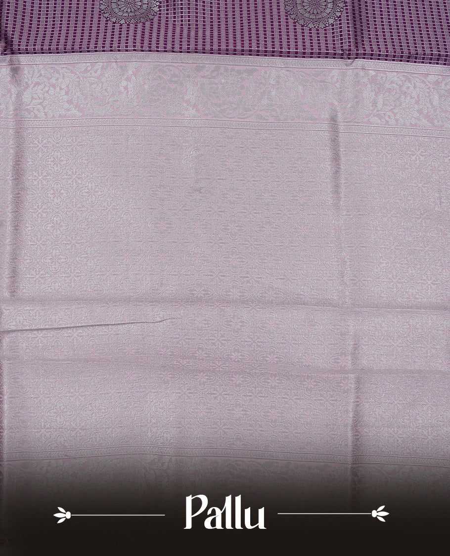 Purple & Pink colour semi silk saree featuring Silver zari Small check pattern & motifs on body, complemented by contrast Pink colour with silver zari border, comes with matching blouse piece.
