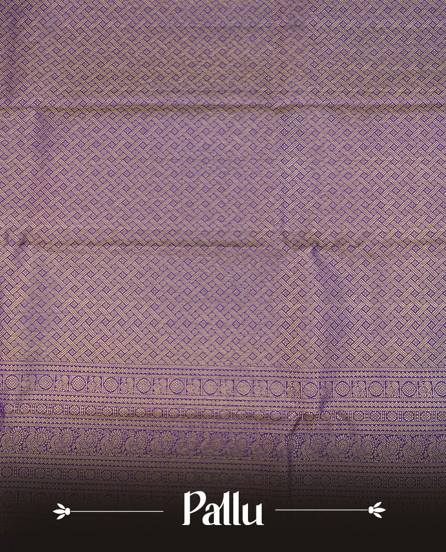 Violet Colour Pure Kancheepuram Silk Saree Featuring Gold Zari Elephant and Peacock  with a Check Pattern on the Body, Highlighting a Traditional Gold Zari Border, Paired with a Matching Blouse Piece.