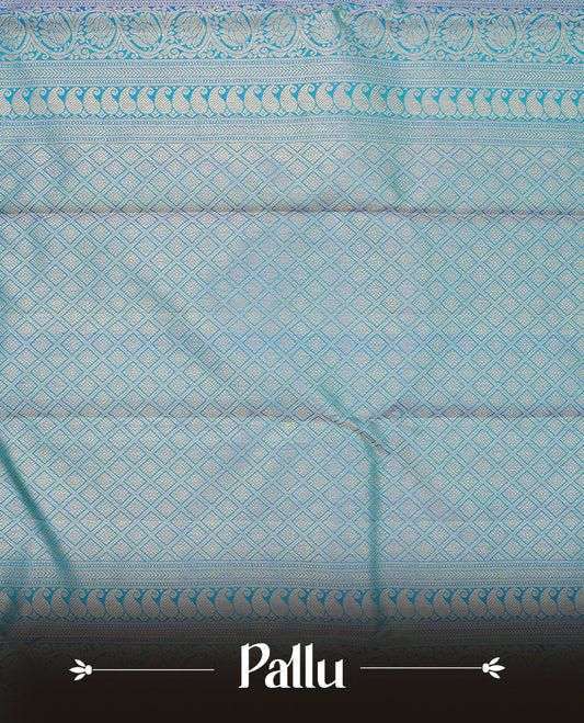 Peacock colour pure wedding silk saree featuring gold zari designed strips pattern on body, complemented by self colour with traditional border, comes with matching blouse piece.