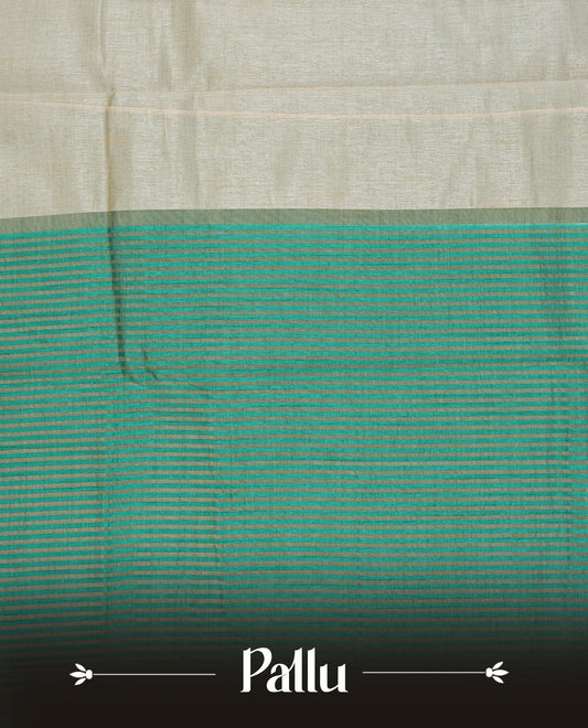 Cream colour Semi Tussar silk saree featuring an elegant plain body, accentuated by a contrast Green border adorned with intricate gold Mango zari work, paired with a matching blouse piece.