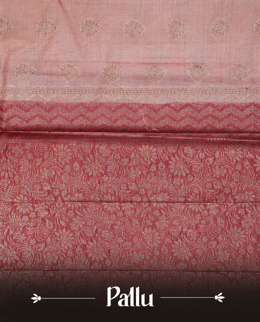 Peach Colour Tussar silk saree featuring Antique Zari motifs on body, Finished with contrast Maroon colour Zigzag zari pattern border, paired with matching blouse piece.