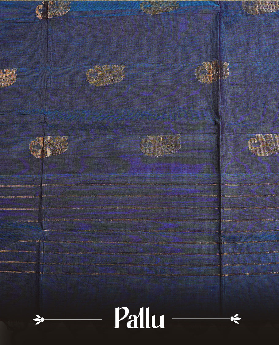 Dark Blue colour chettinad cotton saree featuring  Gold Zari Motifs  on body, complemented by Contrast Purple Colour With Gold Zari border, paired with matching blouse piece.