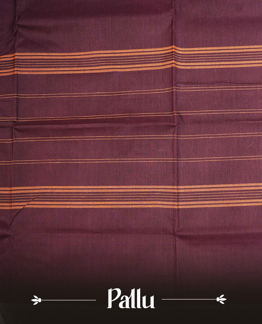 Dark Chocolate Brown  colour chettinad cotton saree featuring  Plain body, complemented by  Traditional Gold Zari border, paired with matching blouse piece.