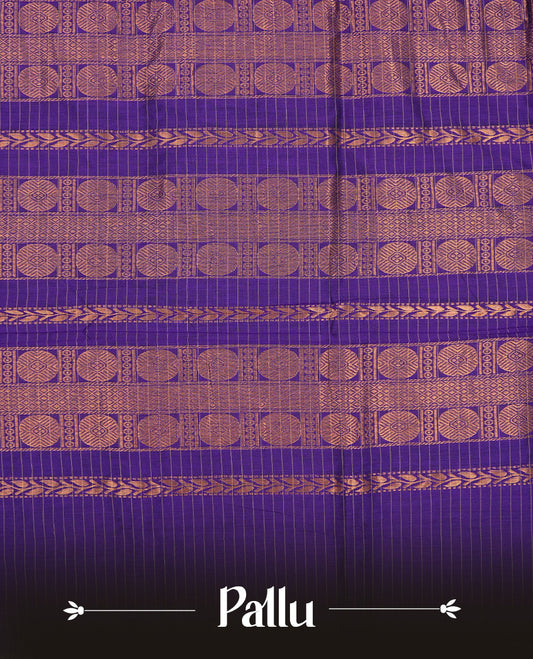 Indigo colour Kalyani cotton featuring Gold zari Check pattern on body, complemented by Self colour With gold zari grand border & pallu, matching blouse piece.