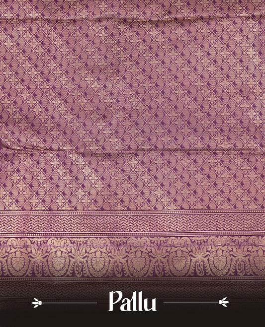 Purple colour Semi wedding silk saree featuring strip pattern on body, complemented by self colour traditional border, paired with matching blouse piece.
